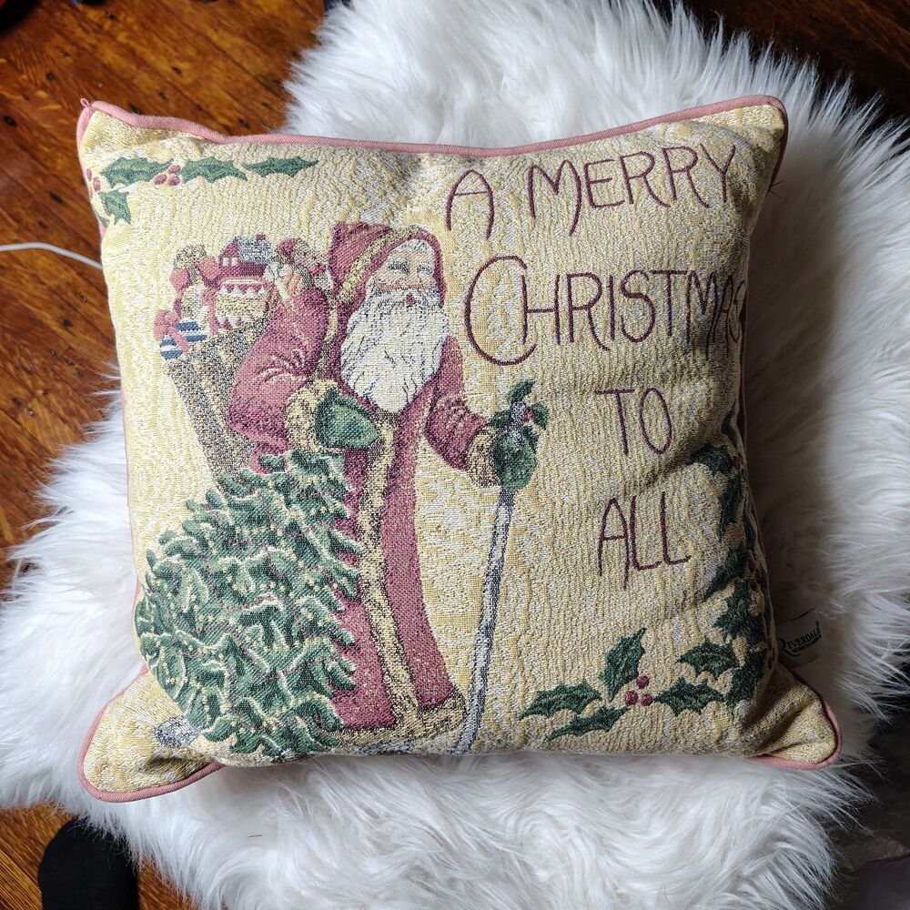 Holiday Tapestry Throw Pillow Santa 16 Inch Vintage "Merry Christmas To All"MCM